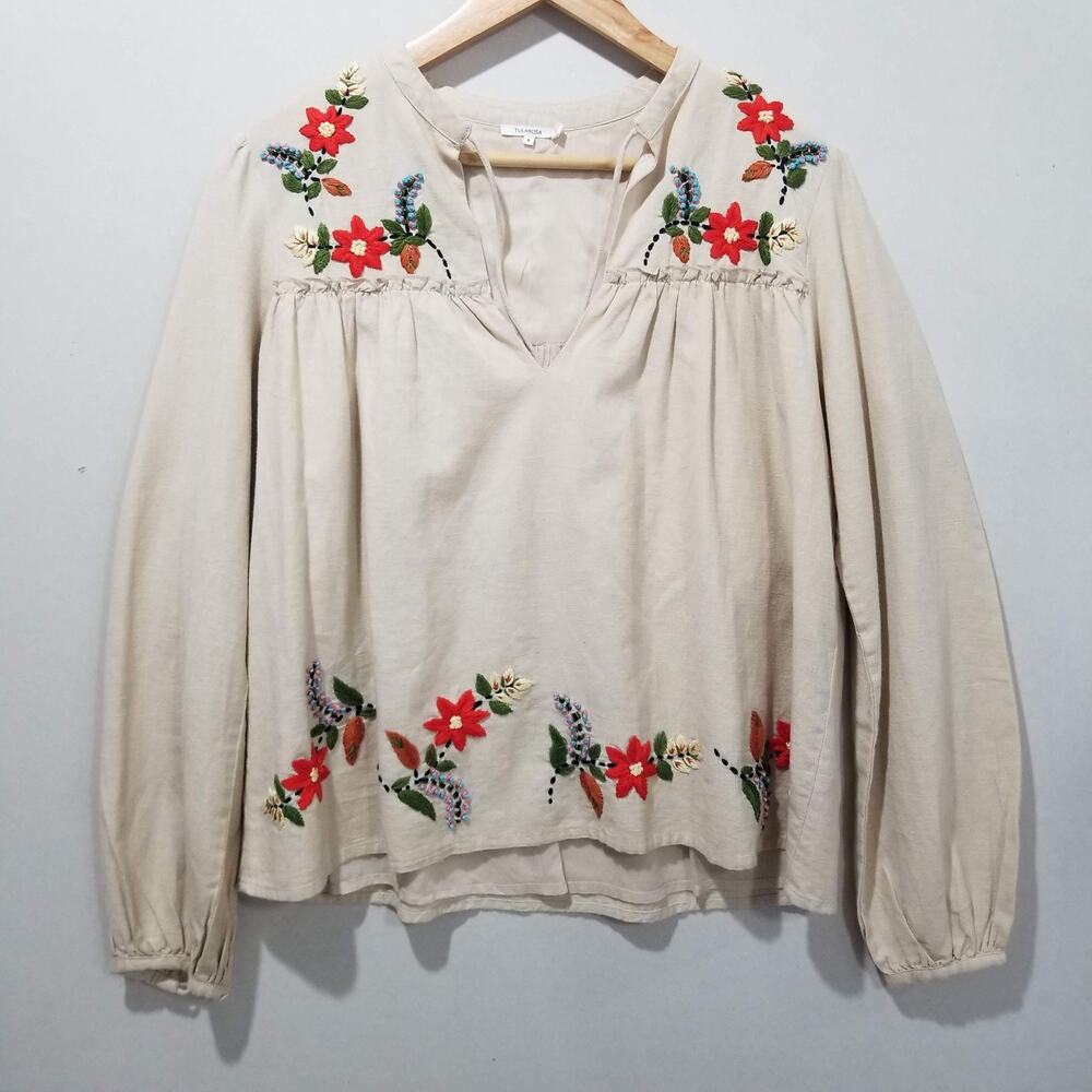 Tularosa Top Small Beige Embroidered Revolve Boho Peasant Floral Tassel Artsy - Picture 12 of 12
